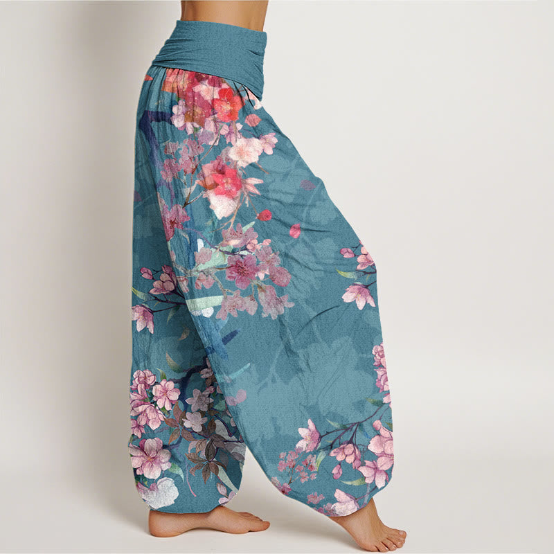 Buddha Stones Cotton Red Pink Blooming Flowers Lush Branches Women's Elastic Waist Harem Pants - image 8