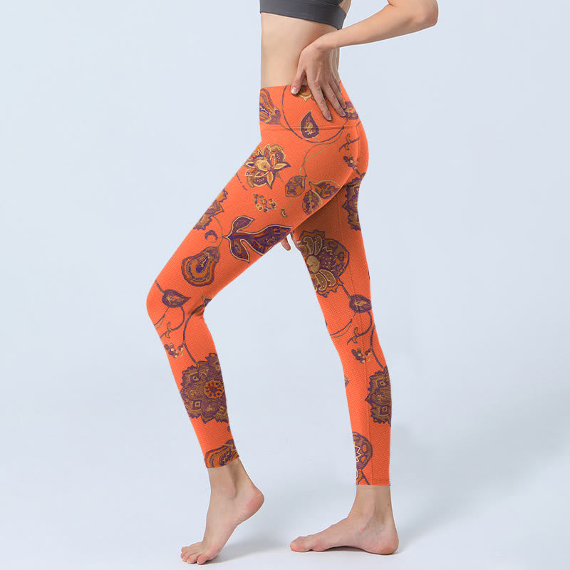 Buddha Stones Orange Maple Leaves Flowers Print Gym Leggings Women's Yoga Pants - image 2