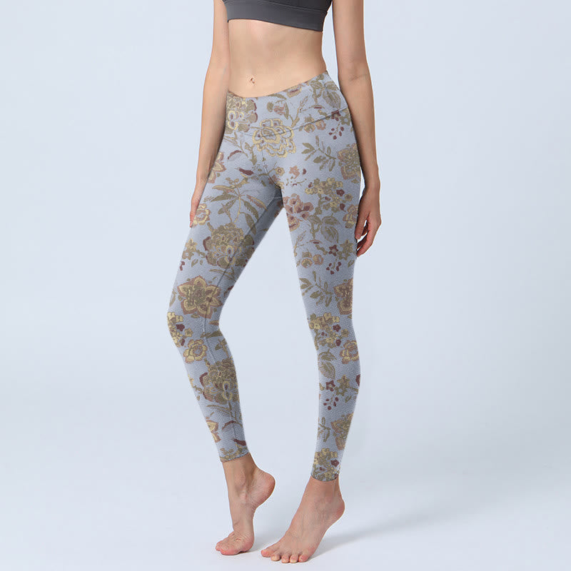 Buddha Stones Grey Green Leaves Flowers Print Gym Leggings Women's Yoga Pants - LightSteelBlue - US18，UK/AU22，EU50 (4XL) - image 0