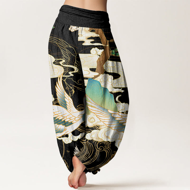 Buddha Stones Flying Cranes Auspicious Clouds Tree women's Elastic Waist Harem Pants - image 2