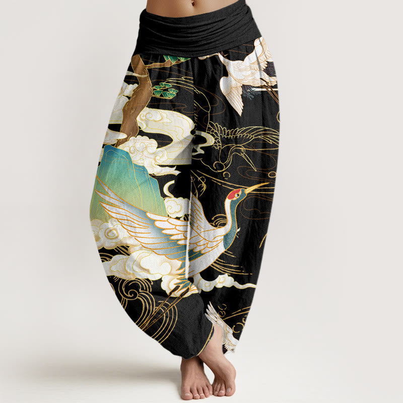 Buddha Stones Flying Cranes Auspicious Clouds Tree women's Elastic Waist Harem Pants - Black - US22，UK/AU26，EU54 (6XL) - image 0