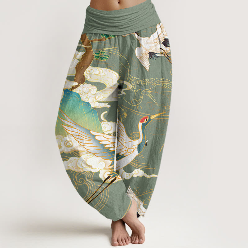 Buddha Stones Flying Cranes Auspicious Clouds Tree women's Elastic Waist Harem Pants - DarkSeaGreen - US22，UK/AU26，EU54 (6XL) - image 4