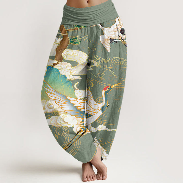 Buddha Stones Flying Cranes Auspicious Clouds Tree women's Elastic Waist Harem Pants - DarkSeaGreen - US22，UK/AU26，EU54 (6XL) - image 4