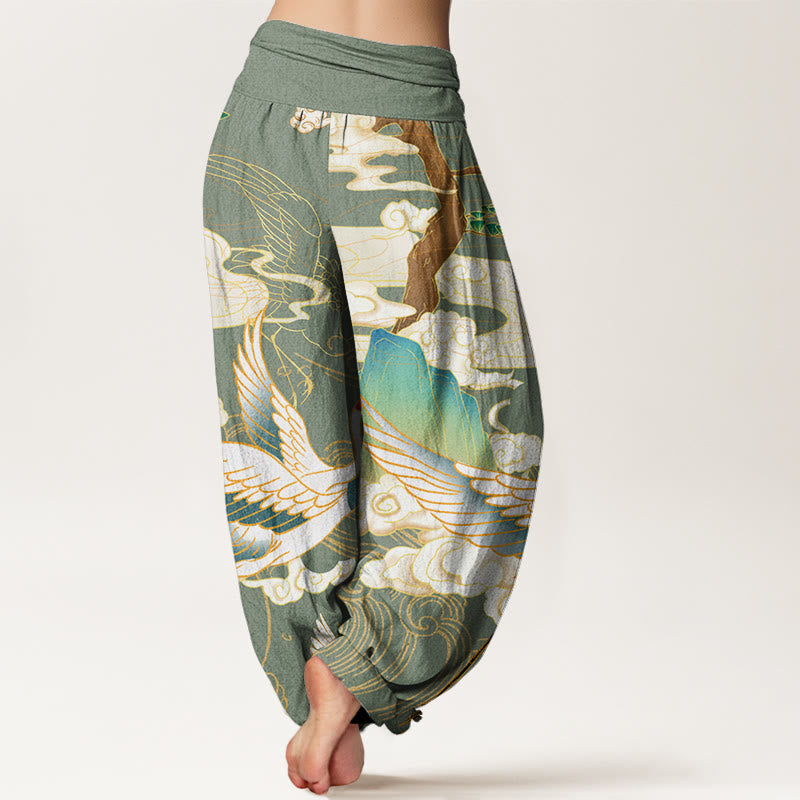 Buddha Stones Flying Cranes Auspicious Clouds Tree women's Elastic Waist Harem Pants - image 6