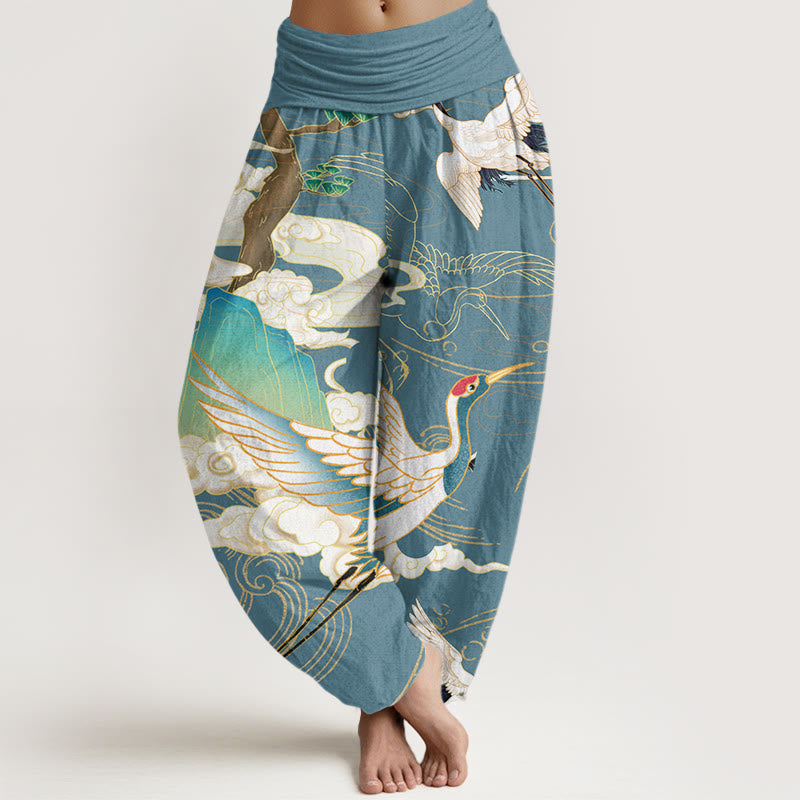 Buddha Stones Flying Cranes Auspicious Clouds Tree women's Elastic Waist Harem Pants - CadetBlue - US22，UK/AU26，EU54 (6XL) - image 7