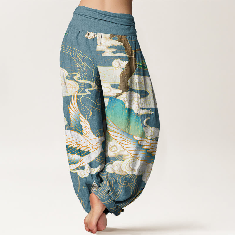 Buddha Stones Flying Cranes Auspicious Clouds Tree women's Elastic Waist Harem Pants - image 9