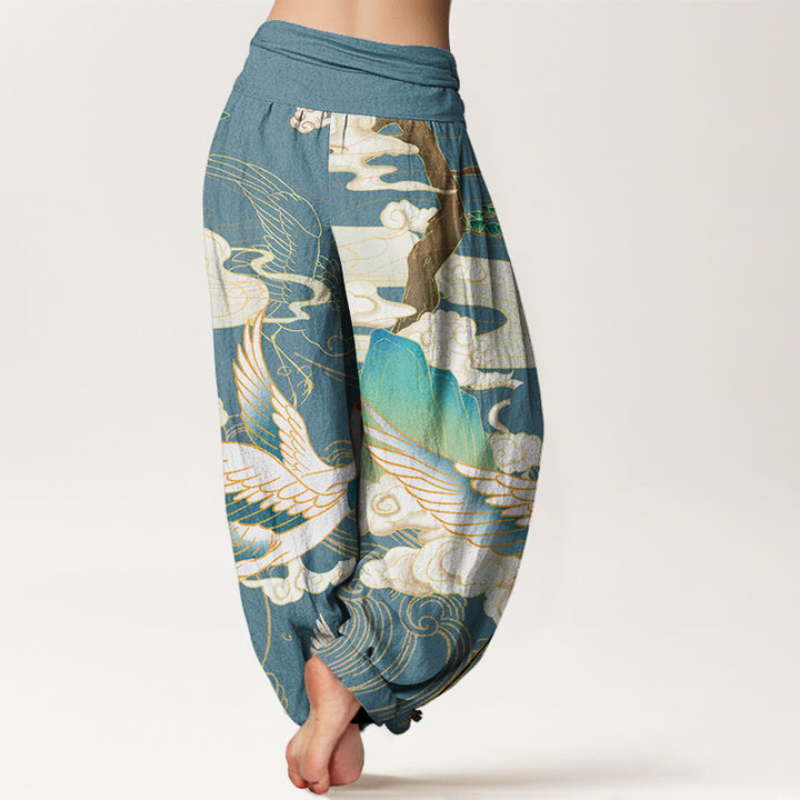 Buddha Stones Flying Cranes Auspicious Clouds Tree women's Elastic Waist Harem Pants - image 9