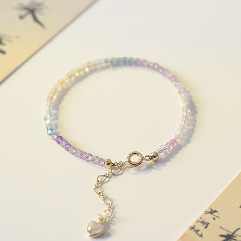 Buddha Stones 2.5mm Fluorite Ultra-thin Beads 14k Gold Plated Copper Heart Power Bracelet - image 2