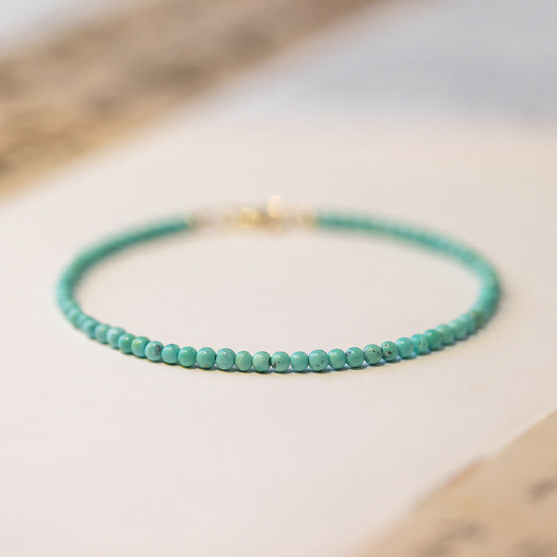 Buddha Stones 2mm Turquoise Ultra-thin Beads 14k Gold Plated Copper Wisdom Bracelet - 2mm Turquoise+Extension Chain - image 0