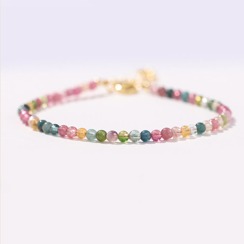 Buddha Stones 2mm Multicolor Tourmaline Ultra-thin Beads 14k Gold Plated Copper Wisdom Bracelet - 3mm Tourmaline(Wrist Circumference: 14-16cm) - image 0