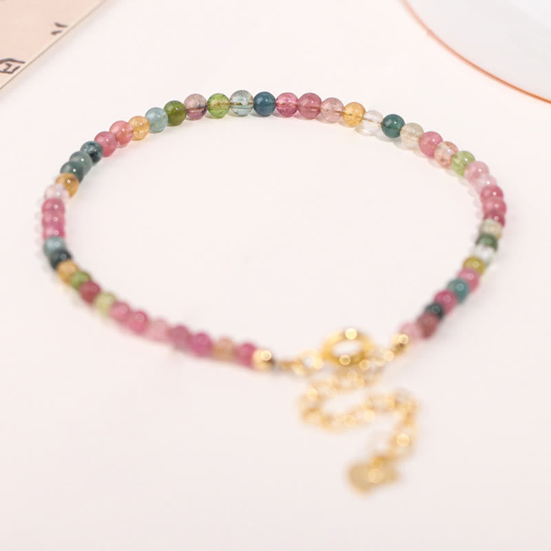 Buddha Stones 2mm Multicolor Tourmaline Ultra-thin Beads 14k Gold Plated Copper Wisdom Bracelet - image 2