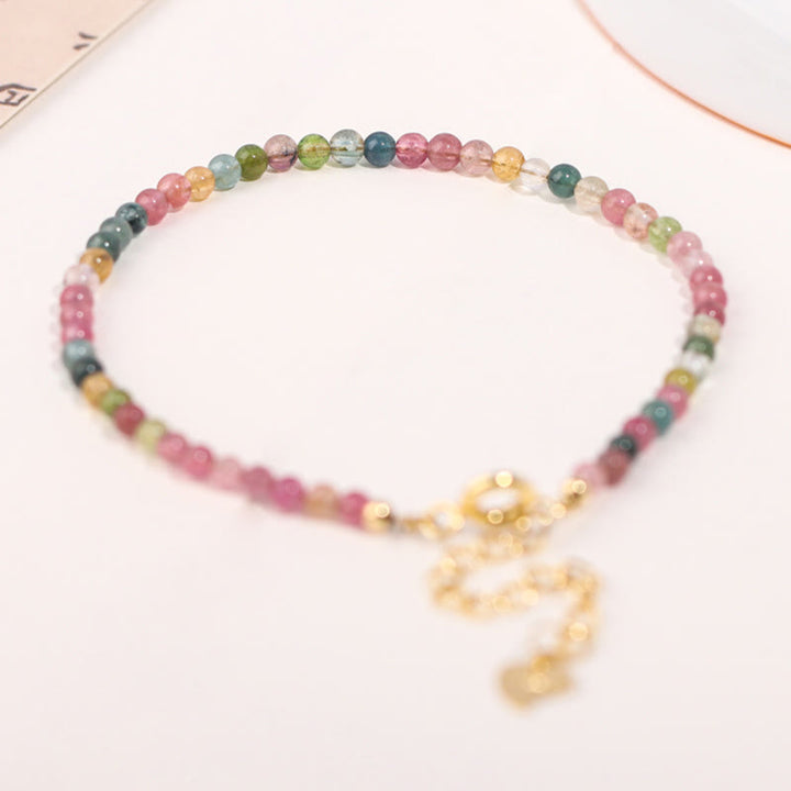 Buddha Stones 2mm Multicolor Tourmaline Ultra-thin Beads 14k Gold Plated Copper Wisdom Bracelet - image 2