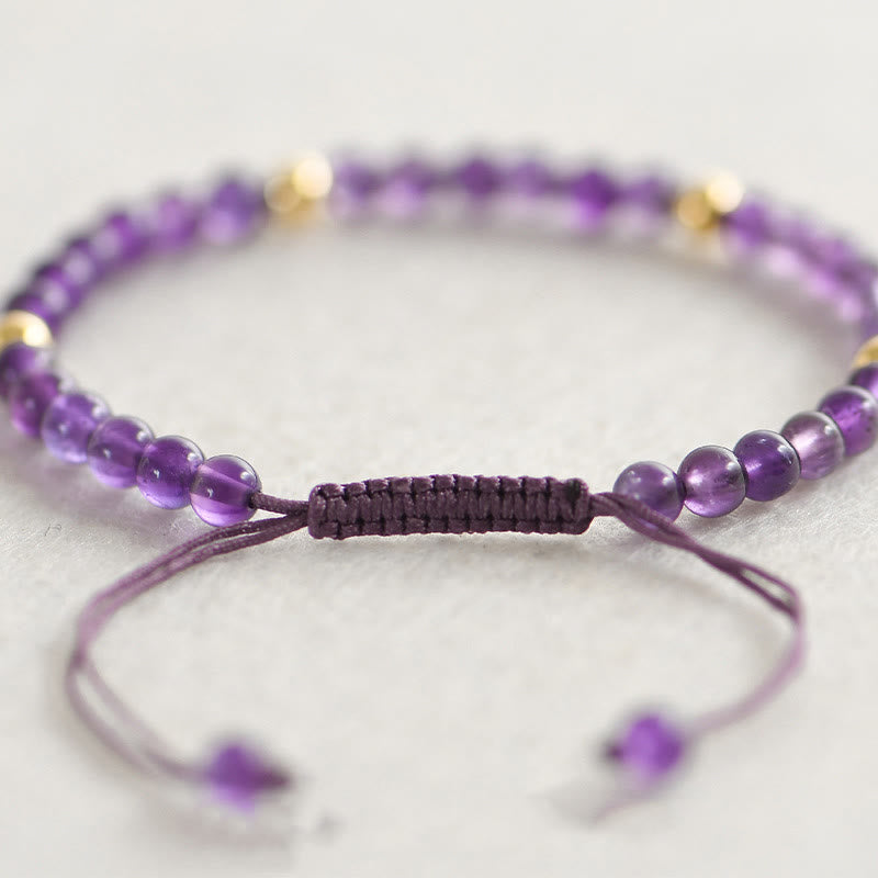 Buddha Stones 4mm Handmade Natural Amethyst 14k Gold Plated Copper Beads Braided String Relieves Stress Bracelet - image 1