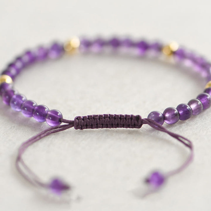 Buddha Stones 4mm Handmade Natural Amethyst 14k Gold Plated Copper Beads Braided String Relieves Stress Bracelet - image 1