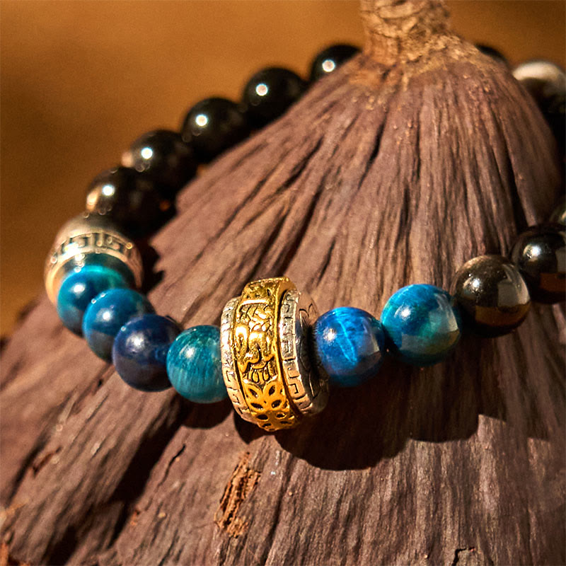 Buddha Stones Silver Sheen Obsidian Blue Tiger Eye Om Mani Padme Hum Protection Bracelet - image 3