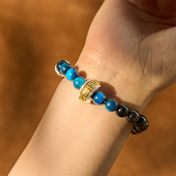 Buddha Stones Silver Sheen Obsidian Blue Tiger Eye Om Mani Padme Hum Protection Bracelet - image 2