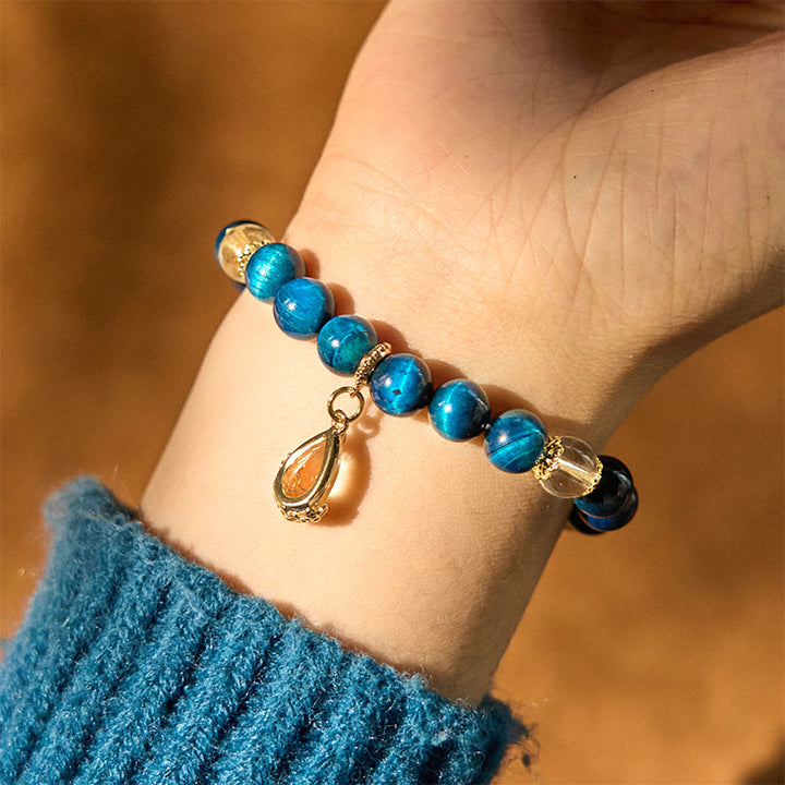 Buddha Stones Blue Tiger Eye White Crystal Water Drop Strength Bracelet - image 6