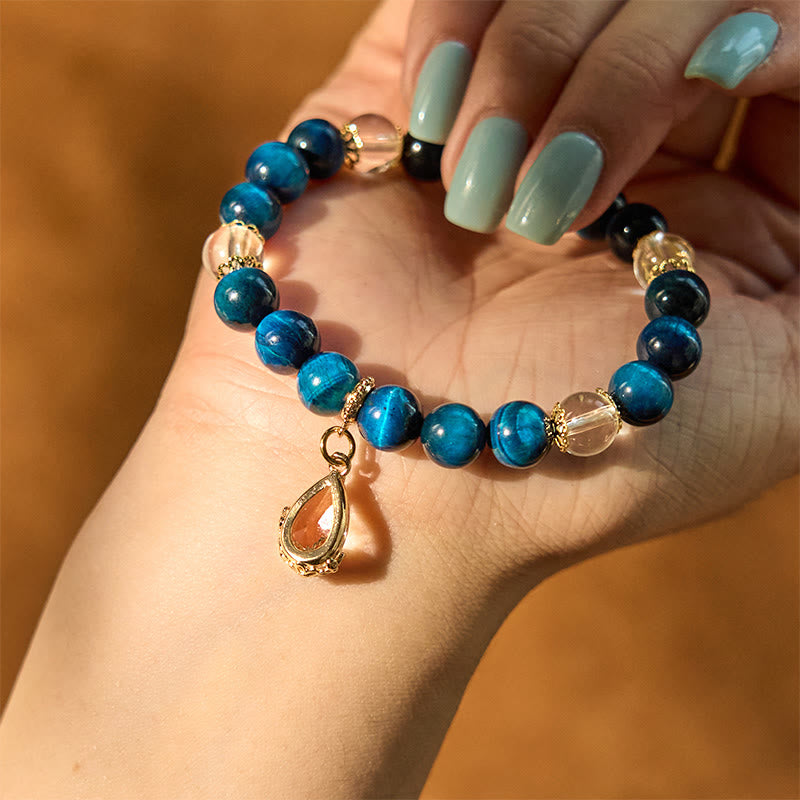 Buddha Stones Blue Tiger Eye White Crystal Water Drop Strength Bracelet - image 4