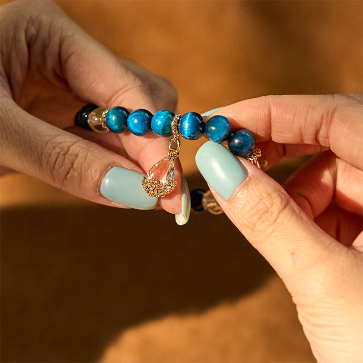 Buddha Stones Blue Tiger Eye White Crystal Water Drop Strength Bracelet - image 5