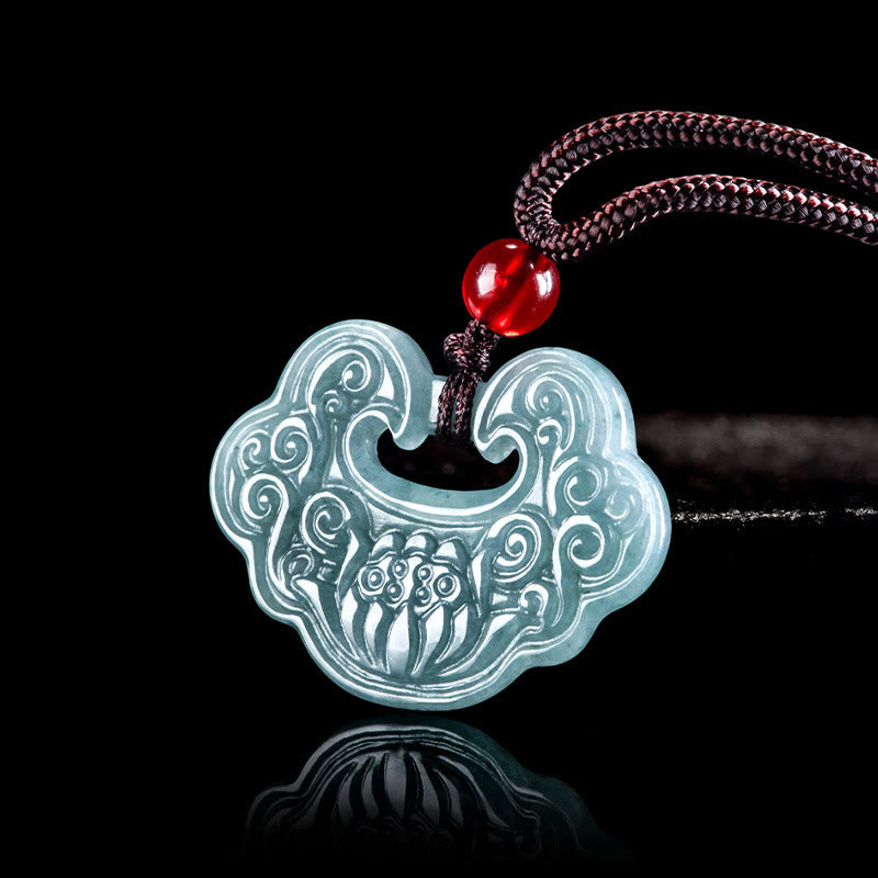 Buddha Stones Lotus Carved Jade Ruyi Abundance Prosperity Abundance Necklace Pendant - Jade - image 0