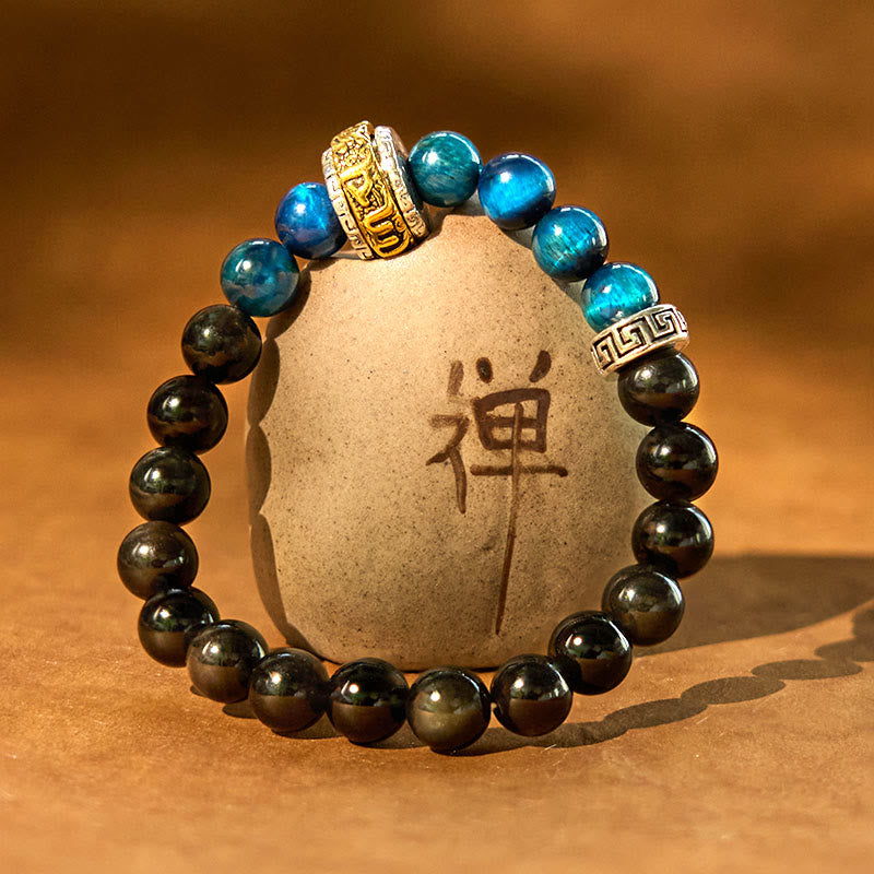 Buddha Stones Silver Sheen Obsidian Blue Tiger Eye Om Mani Padme Hum Protection Bracelet - image 1