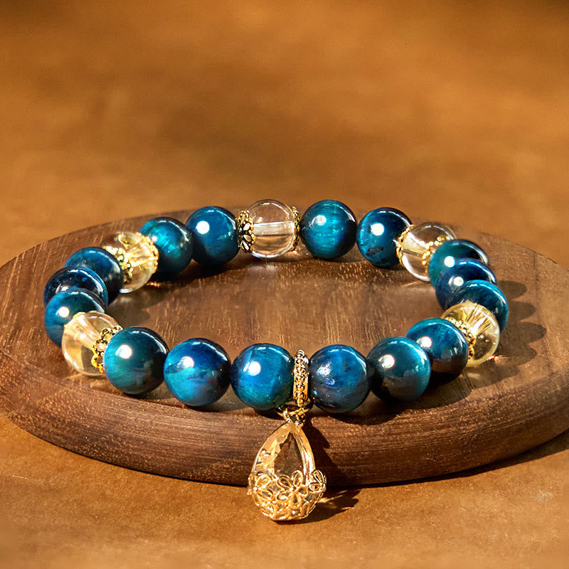 Buddha Stones Blue Tiger Eye White Crystal Water Drop Strength Bracelet - image 4
