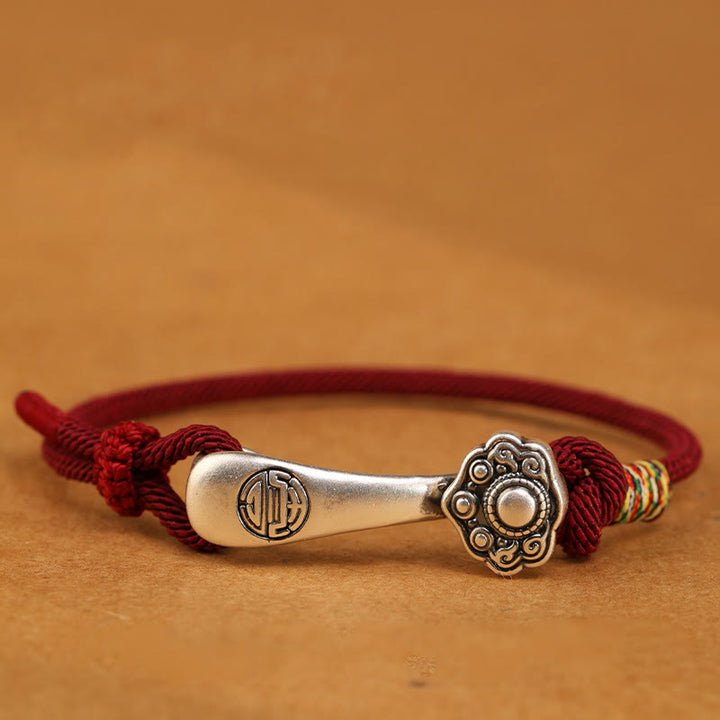 Buddha Stones 999 Sterling Silver Ruyi Stick String Protection Braided Bracelet - Dark Red Rope - 19-21cm - image 1