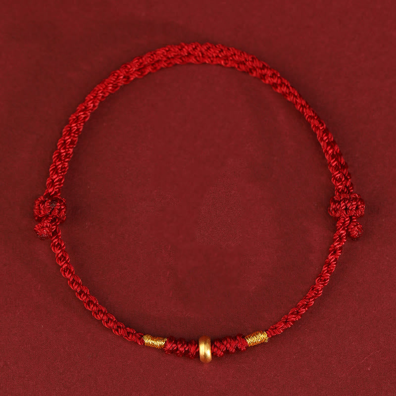 Buddha Stones 999 Gold Small Lucky Beads String Protection Luck Braided Bracelet Anklet - 999 Gold Anklet(Circumference 19-23cm) - Dark Red Rope - image 1