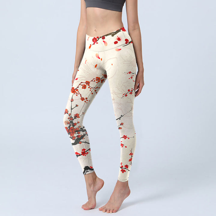 Buddha Stones Blooming Red Plum Blossoms Print Gym Leggings Women's Yoga Pants - Beige - US18，UK/AU22，EU50 (4XL) - image 0