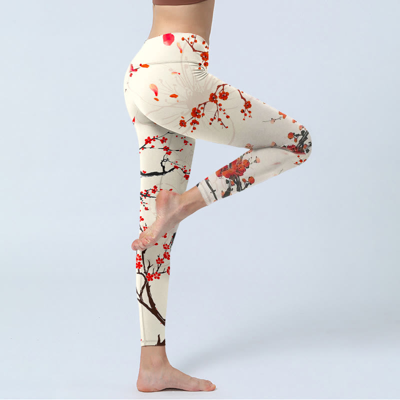 Buddha Stones Blooming Red Plum Blossoms Print Gym Leggings Women's Yoga Pants - image 3
