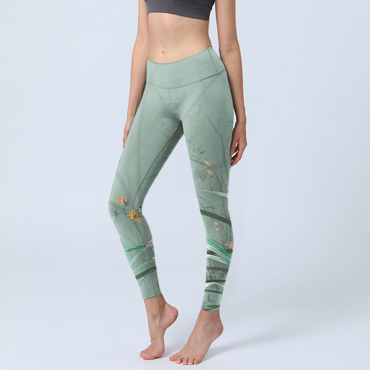 Buddha Stones White Pink Orchids Leaves Print Gym Leggings Women's Yoga Pants - MediumAquamarine - US18，UK/AU22，EU50 (4XL) - image 0