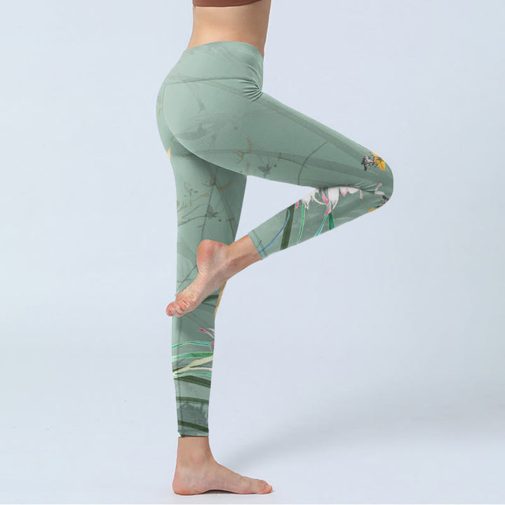 Buddha Stones White Pink Orchids Leaves Print Gym Leggings Women's Yoga Pants - image 3