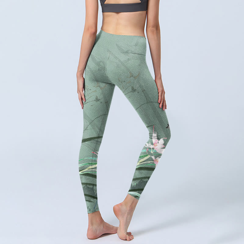 Buddha Stones White Pink Orchids Leaves Print Gym Leggings Women's Yoga Pants - image 4