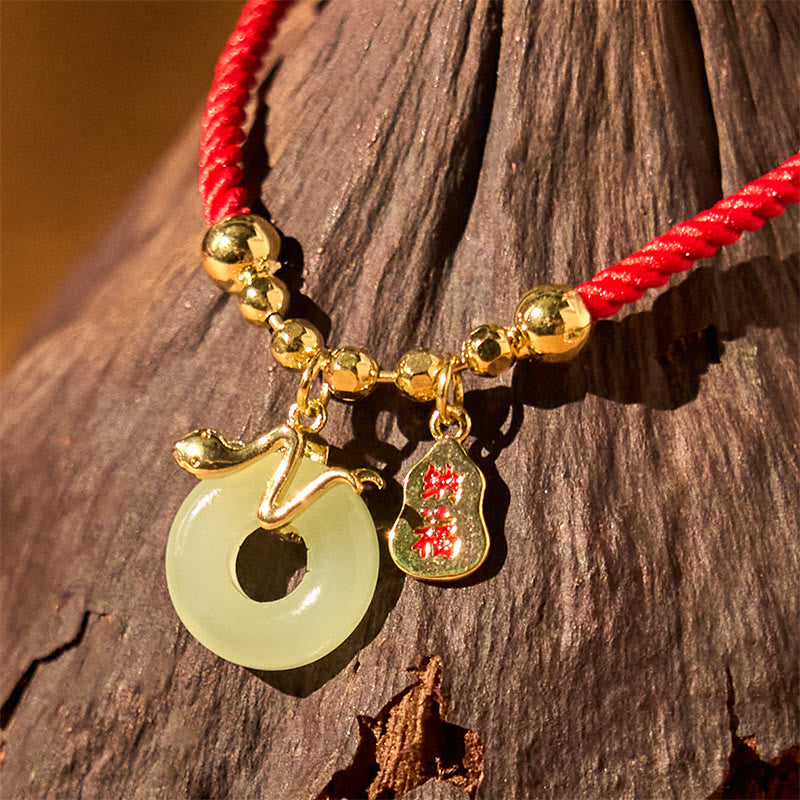 Buddha Stones Copper Plated Gold Jade Peace Buckle Fu Character Year Of The Snake Red String Luck Bracelet - image 11