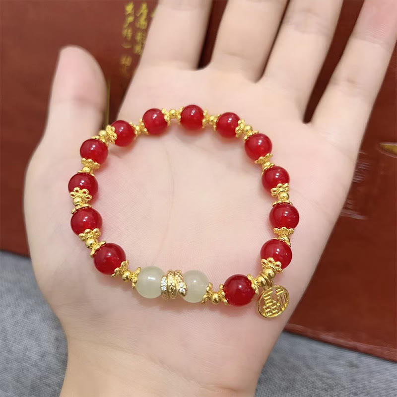 Buddha Stones Red Agate Jade Fu Character Year of the Snake Calm Bracelet - image 2