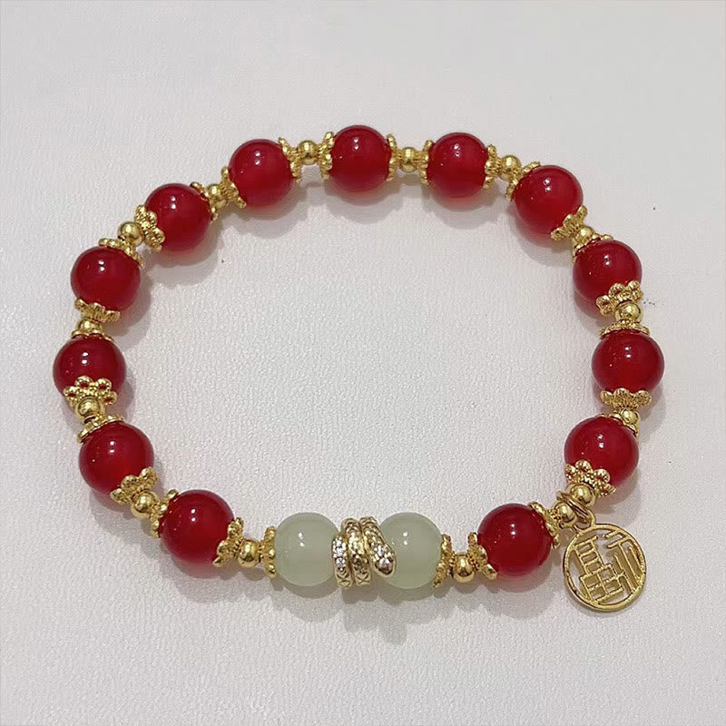 Buddha Stones Red Agate Jade Fu Character Year of the Snake Calm Bracelet - image 1