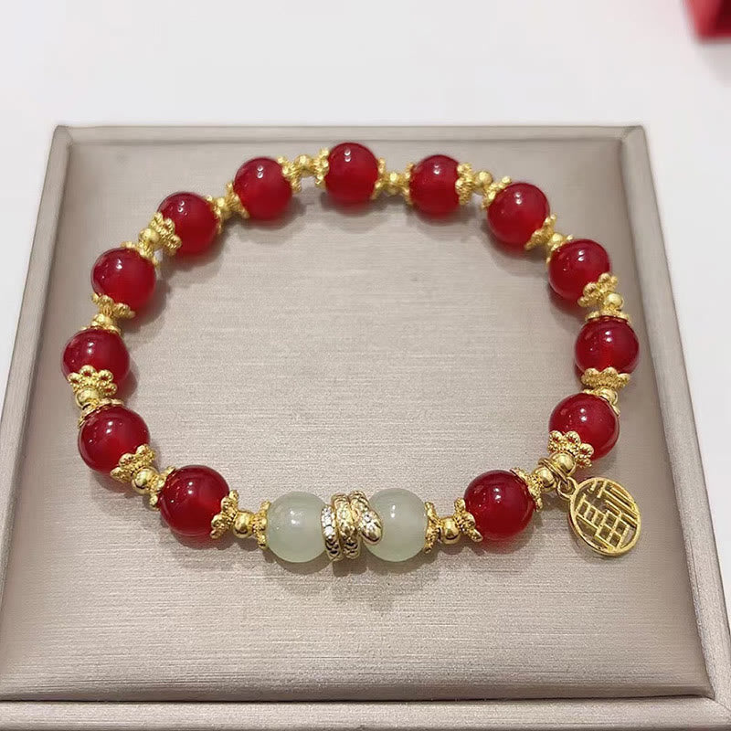 Buddha Stones Red Agate Jade Fu Character Year of the Snake Calm Bracelet - Red Agate Jade(Wrist Circumference: 14-16cm) - image 0