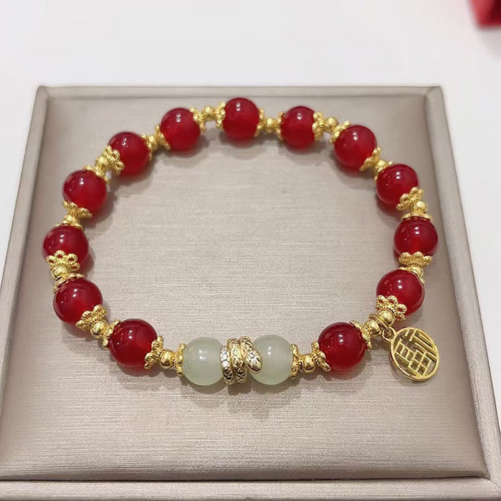Buddha Stones Red Agate Jade Fu Character Year of the Snake Calm Bracelet - Red Agate Jade(Wrist Circumference: 14-16cm) - image 0