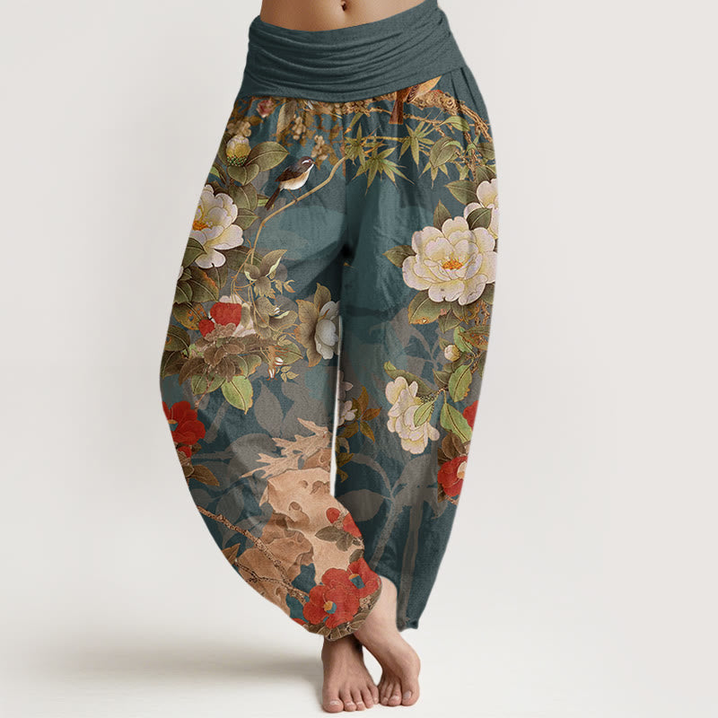 Buddha Stones Casual Peony Flowers Leaves Magpie Women's Elastic Waist Harem Pants - Teal - US22，UK/AU26，EU54 (6XL) - image 0