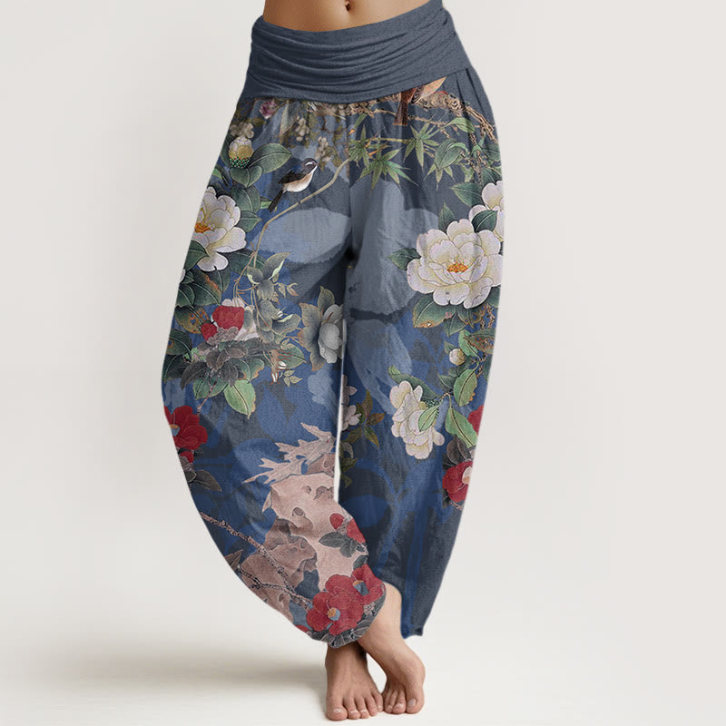 Buddha Stones Casual Peony Flowers Leaves Magpie Women's Elastic Waist Harem Pants - SteelBlue - US22，UK/AU26，EU54 (6XL) - image 7
