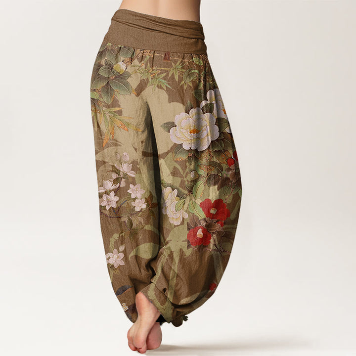 Buddha Stones Casual Peony Flowers Leaves Magpie Women's Elastic Waist Harem Pants - image 6