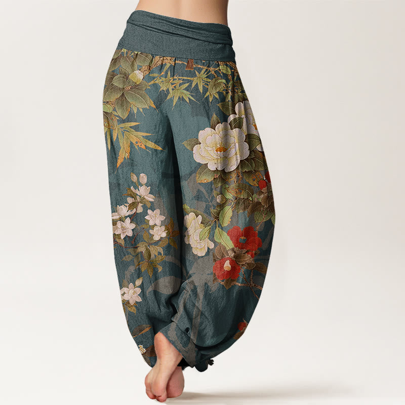 Buddha Stones Casual Peony Flowers Leaves Magpie Women's Elastic Waist Harem Pants - image 2