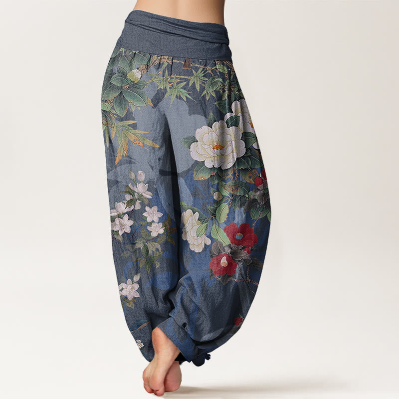 Buddha Stones Casual Peony Flowers Leaves Magpie Women's Elastic Waist Harem Pants - image 9