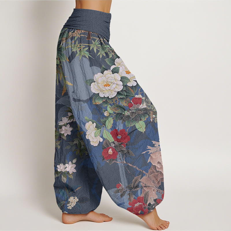 Buddha Stones Casual Peony Flowers Leaves Magpie Women's Elastic Waist Harem Pants - image 8