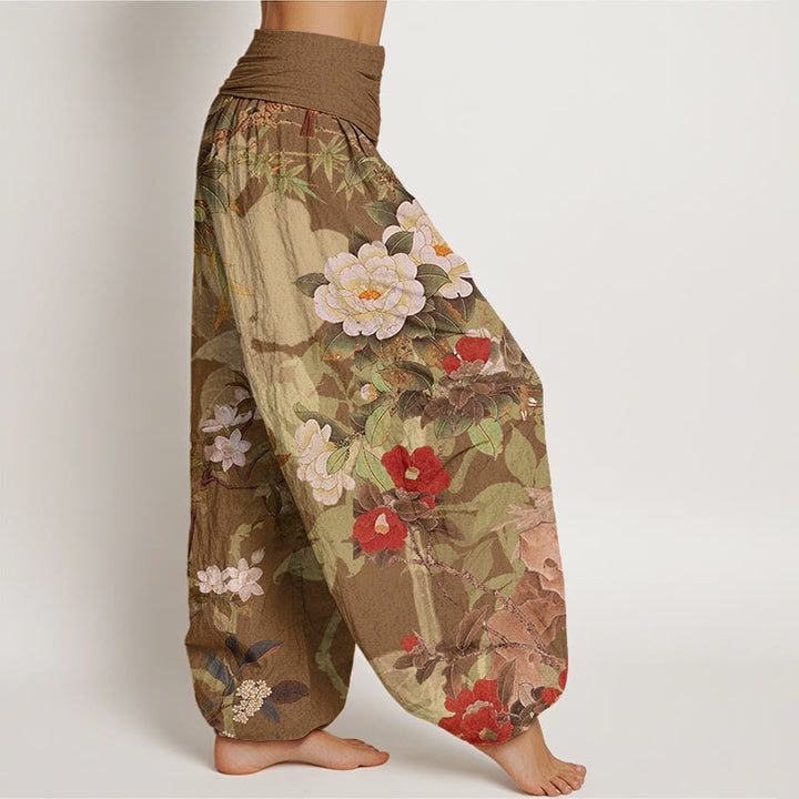Buddha Stones Casual Peony Flowers Leaves Magpie Women's Elastic Waist Harem Pants - image 5