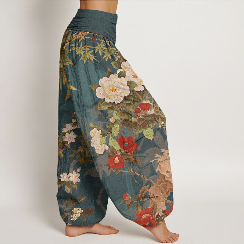 Buddha Stones Casual Peony Flowers Leaves Magpie Women's Elastic Waist Harem Pants - image 1