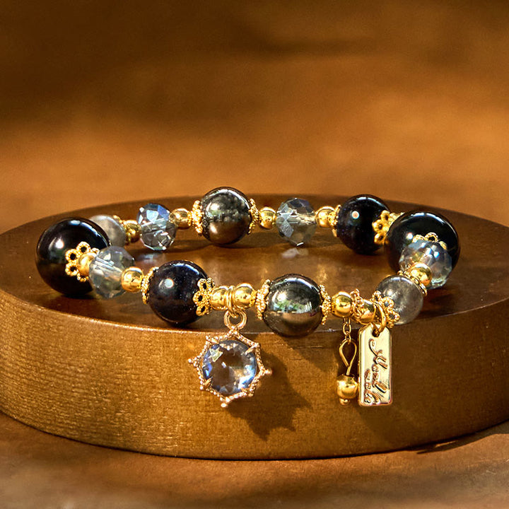 Buddha Stones Natural Black Obsidian Hematite Blue Sandstone Strength Bracelet - Black Obsidian Hematite (Wrist Circumference:15-16cm) - image 0