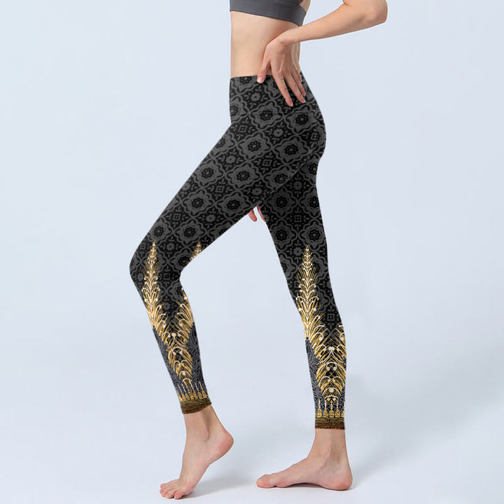 Buddha Stones Dark Gray Geometric Gold Feather Print Gym Leggings Women's Yoga Pants - image 2