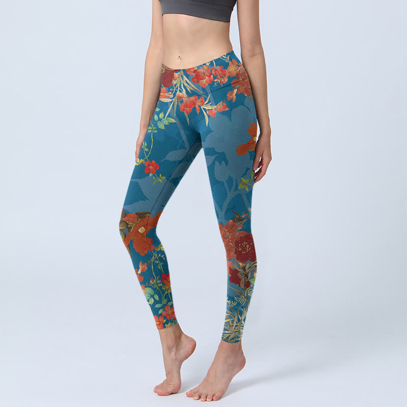Buddha Stones Blue Red Flowers Birds Print Gym Leggings Women's Yoga Pants - SteelBlue - US18，UK/AU22，EU50 (4XL) - image 0