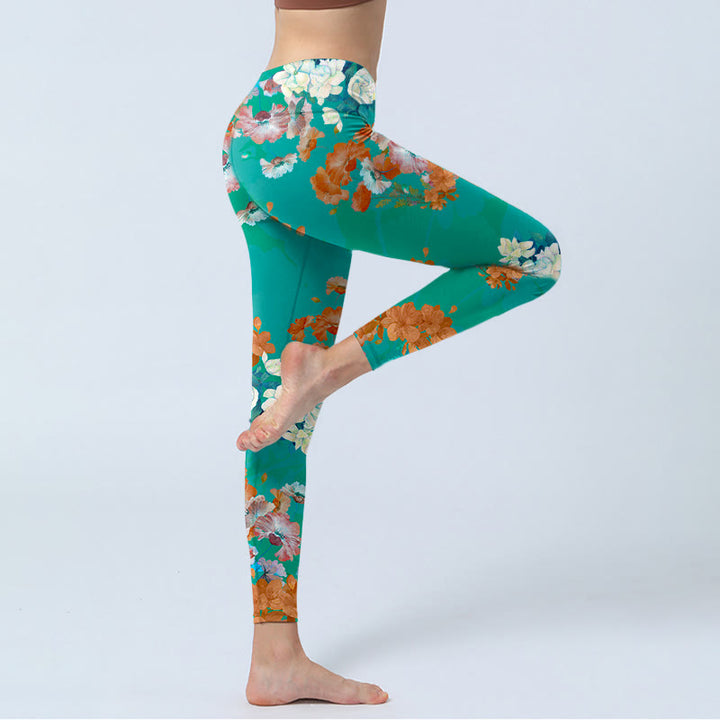 Buddha Stones Green Orange Beige Floral Print Gym Leggings Women's Yoga Pants - image 3